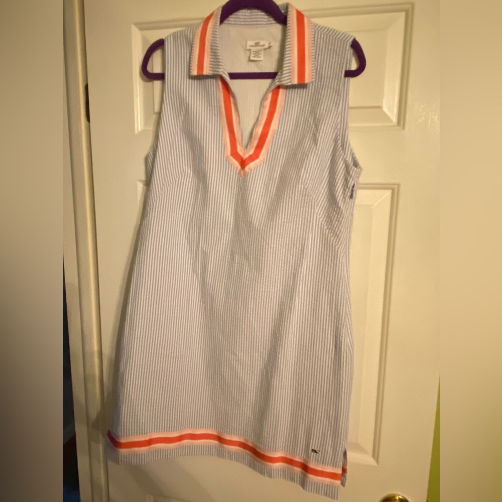Vineyard Vines Sleeveless Seersucker Shift Dress in Blue and Orange Trim
